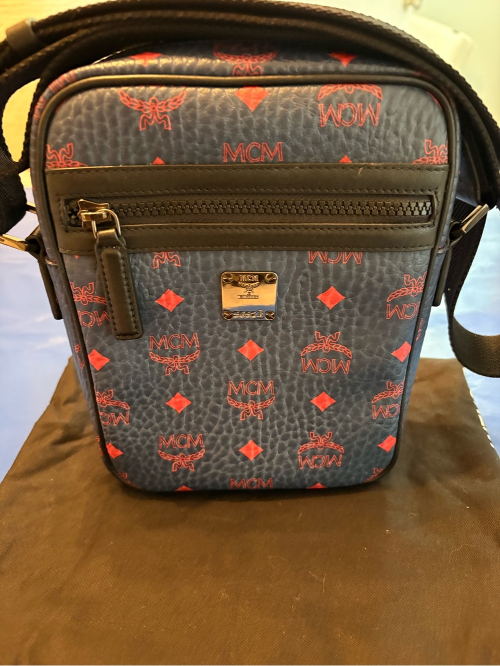 MCM Navy Blue Crossbody with Red Logo Print